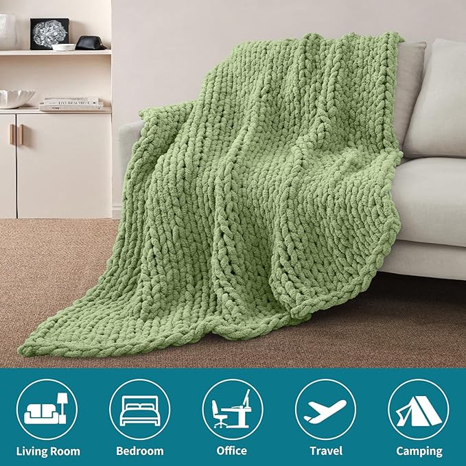SUNYRISY Chunky Knit Blanket Throw, Luxury Soft Cozy Chenille Throw Blanket, Large Throw Bed Blanket for Couch, Sofa, Home Decor, Gift - Machine Washable, Sage Green