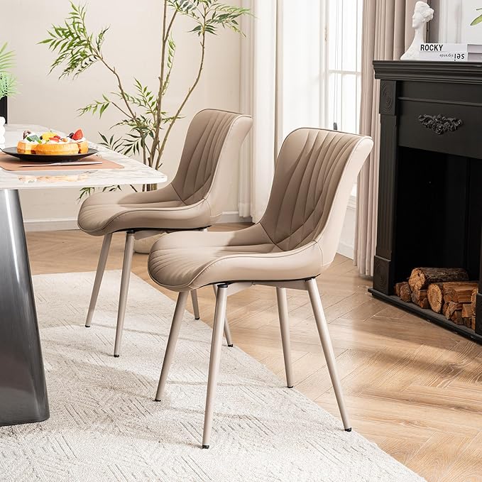 YOUTASTE All Khaki Dining Chairs Set of 2, Mid-Century Modern Armless Kitchen Chairs with Back, Faux Leather Upholstered Accent Chairs with Metal Legs for Living Room, or Bedroom