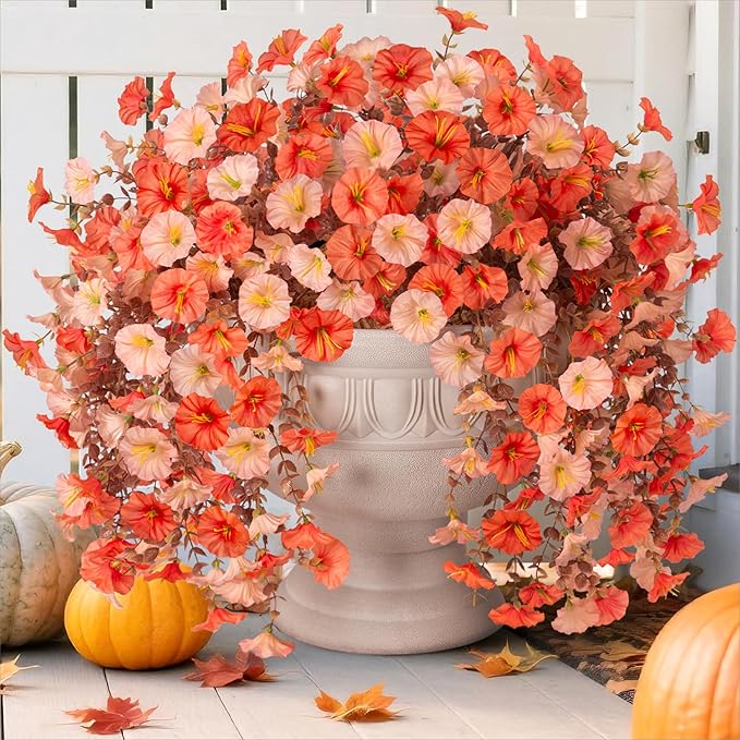2 PCS Artificial Faux Fall Hanging Flowers Plants for Outdoor,Fake Silk Morning Glory with Eucalyptus UV Resistant Mums for Wall Home Porch Patio Balcony Yard Indoor Decor (Fall Orange+Light Orange)
