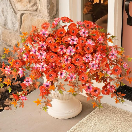 Artificial Fall Flowers for Outdoors Decoration, 2Pcs Fake Petunias Silk Plants UV Resistant No Fade, Realistic Faux Flower Look Real for Outdoor Planters Garden Porch Patio (Fall Orange)