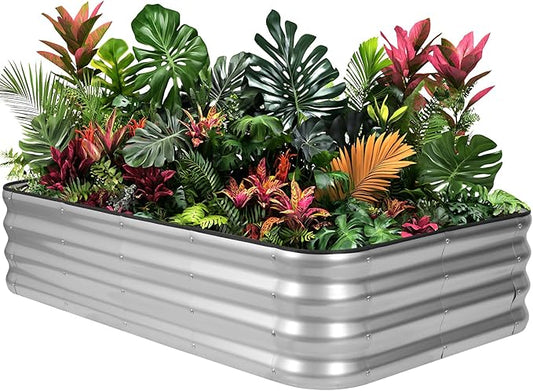 1MORE Raised Garden Bed -5X3X1 Galvanized Planter Box for Outdoor Gardening,4 in 1 Modular Raised Bed Kit with Protective Tape, Gloves for Herb，Ideal for Vegetables and Plants.sliver-1Pcs