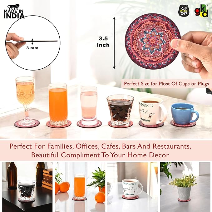 GKD Wooden Coasters for Drinks, Coasters Set of 6 with Holder, 3.5 inches Eco-Friendly Absorbent Coaster for Coffee Table, Bar, Drinking Glasses, Tabletop Protection (1, Rangoli)