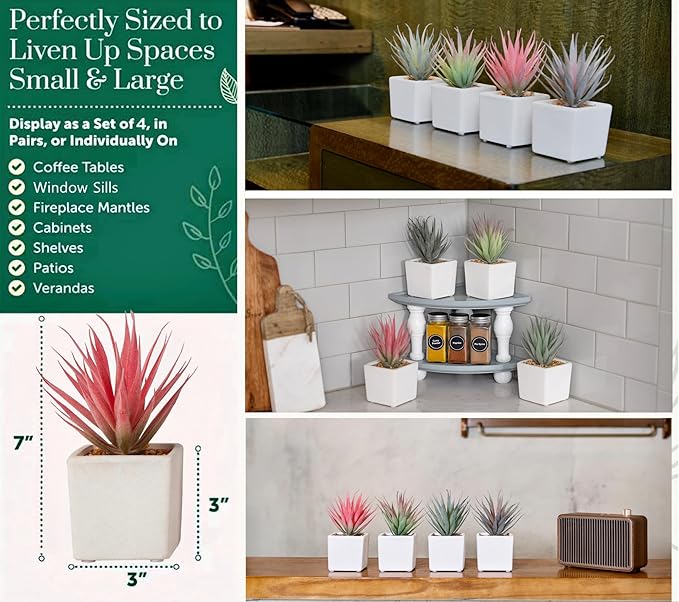 SUNPRAIRIE Classic Set of 4 Faux Succulents 7” Tall in Ivory White Stucco Ceramic Pots-Realistic Multi Colored Artificial Succulents Plants for Home & Office Decor.