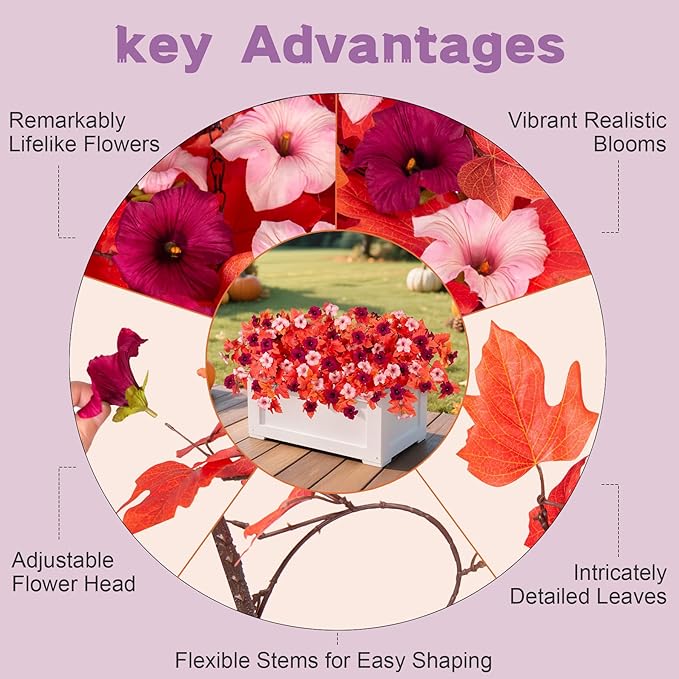 Fake Fall Flowers for Outdoors Decor 2PCS Artificial Flowers Fake Faux Silk Petunias Faux Fall Flower, UV Resistant Autumn Plants for Garden Porch Balcony Realistic Halloween Decoration(Burgundy Pink)