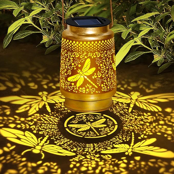 2 Packs Dragonfly Solar Lanterns Outdoor Waterproof with Shepherd Hook,Hanging Solar Lights Garden Decor,Christmas Decorations Dragonfly Gift for Women Grandma,Metal Decorative Lanterns for Yard,Patio