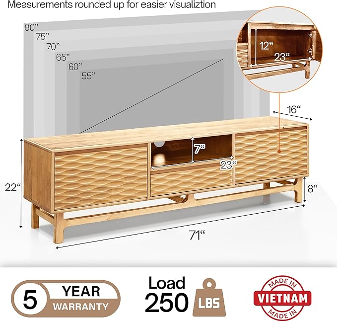Acacia Elara Wood TV Stand for TVs up to 75+ Inch Entertainment Center with Storage Shelves and Cable Management, Mid Century Modern Media Console Wood TV Stands for Living Room Bedroom, Natural Oak