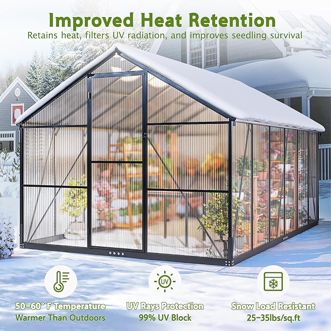 Wanan 8x12FT Greenhouses for Outdoors, Quick Assembly Polycarbonate Green House with UV Protection, Heavy Duty Windproof Aluminum Frame, Adjustable Roof Vent for Backyard or Outdoor Garden Use