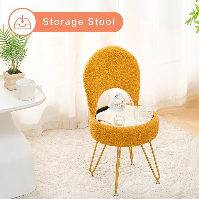 Storage Ottoman Vanity Stool Chair with Folding Back Teddy Velvet Makeup Chair Multifunctional Upholstered Footstool,4 Metal Legs with Anti-Slip Feet for Bedroom Living Room Entryway