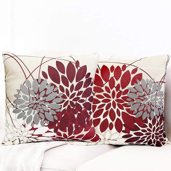 Wine Red Decorative Throw Pillow Covers 22x22 Inch Pillow Covers for Couch Living Room Bedroom Outdoor.Modern Sofa Throw Pillow Cover.Farmhouse Geometric Floral Linen Square Pillow Case.Set of 2