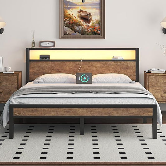 Queen Size Bed Frame with Storage Headboard, Industrial Platform Bed with Charging Station and LED Lights, Heavy Duty Metal Slats, No Box Spring Need, Noise Free, Rustic Brown