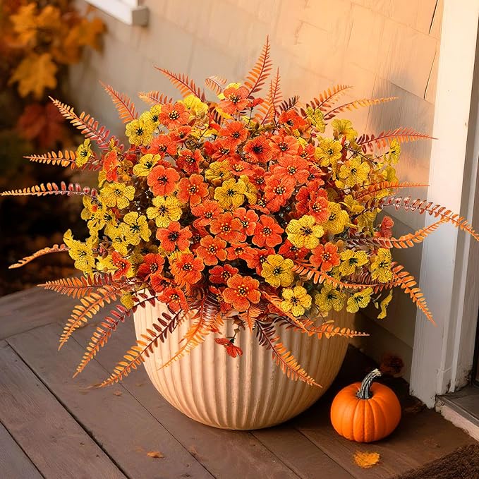 Artificial Mums Fall Fake Flowers for Outdoors, 12 Bundles Faux Mums for Outdoor Planters Decorations,UV Resistant Silk Flowers Plastic Plants for Front Porch Garden Patio (B-Orange Yellow Fern)