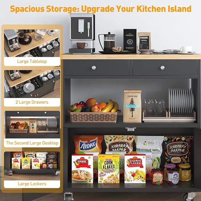 Rolling Kitchen Island with Storage Cabinet, 35.4'' Width Kitchen Cart, 2 Drawers Island Table, Portable Mobile Kitchen Island with Towel Rack, Wood Top and Lockable Wheels, Black