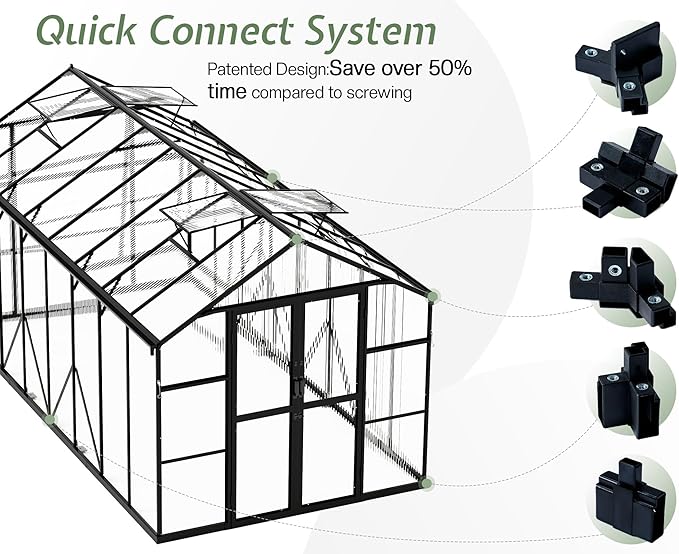 Jocisland 8x16x7.5 FT Polycarbonate Greenhouse with Quick Connectors, Outdoor Aluminum Greenhouses with Ventilation and Rain Gutter, Large Walk in Greenhouse for Backyard Garden, Black