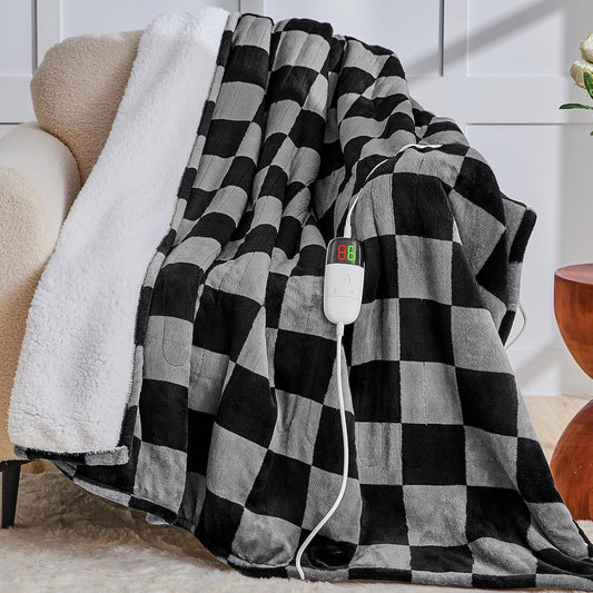 Heated Electric Blanketc Throw, 50X60 Heating Blanket with 10 Heat Level & 8 Hours Auto Off for Lap, Black Gray Checkered Plaid Soft Sherpa Blankets Warmer Gifts for Couch Grandma Women Adults, ETL