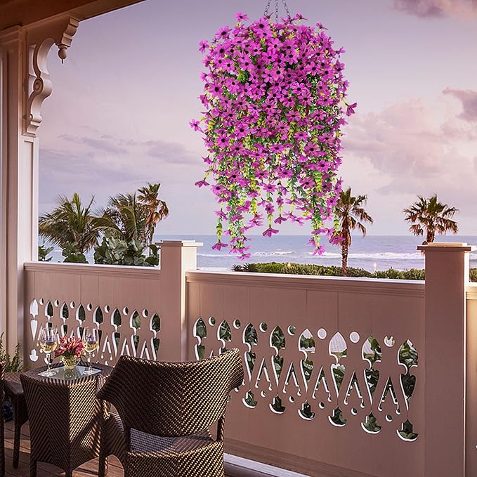 Fake Artificial Hanging Flowers for Outdoors Fake Plants Decoration, 2 Bundles Faux Silk Colorful Daisy Eucalyptus Realistic UV Resistant for Outside Home Planter Porch Patio Yard Decor(Purple)