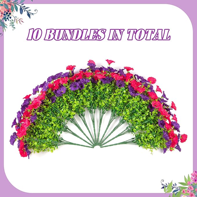 Artificial Flowers for Outdoors Decoration, 10 Bundles Fake Plastic Flower Plant, Faux Colorful Silk Morning Glory Petunias for Outside Garden Porch Front Door Decor, Rose Purple
