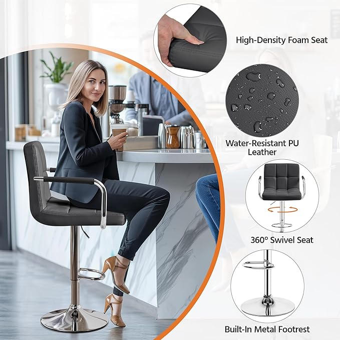 Yaheetech Bar Stools Set of 2, Adjustable PU Leather Swivel Barstools, Modern Counter Stools with Back and Footrest, Counter Height Barstools for Bar, Kitchen, Dining Room, Grey