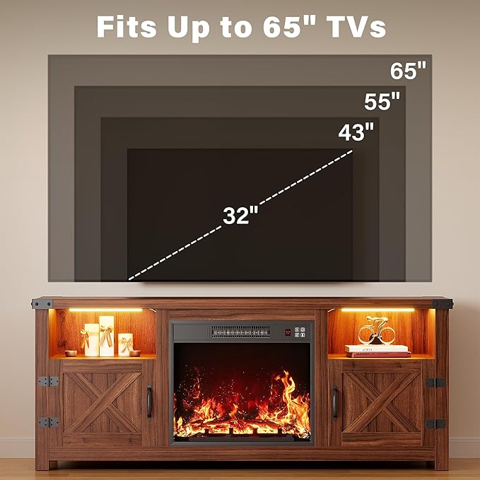 YESHOMY Fireplace TV Stand with Mood Lighting, LED TV Stand with Open Shelf, Farmhouse Media Console with Hidden Cable Routing, Entertainment Center for Televisions up to 65+ Inch, Walnut