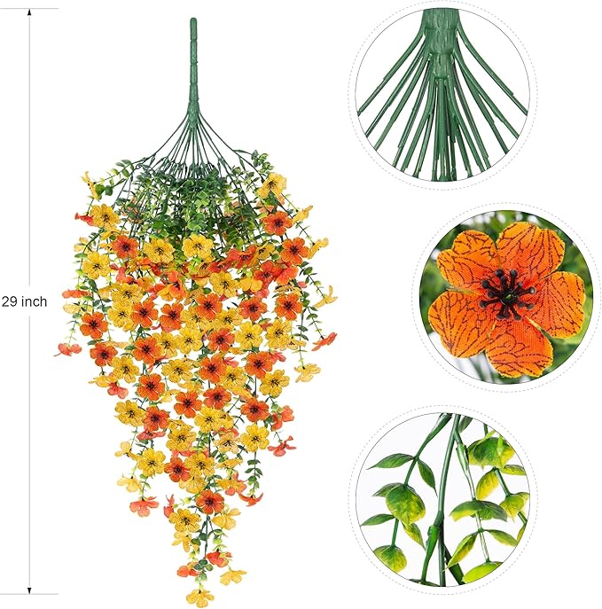 Fake Mums Artificial Hanging Flowers for Outdoor Fall Decoration, 2 PCS Silk Daisy Flower Realistic Faux Plants UV Resistant for Porch Patio Window Yard Outside Autumn Decor(Yellow Orange)