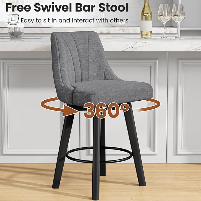 Counter Height Swivel Bar Stool, 24" Upholstered Fabric Barstools Set of 4, Counter Stool Chair with Back & Solid Wood Legs for Kitchen Island Dining Room (Dark Gray)
