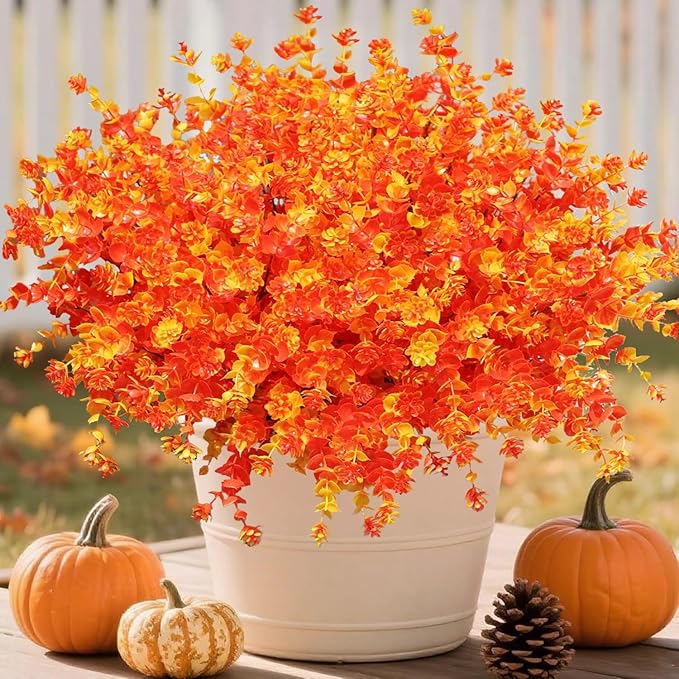 Ivydale Artificial Fake Mums Fall Flowers Plants for Outdoor Outside Autumn Decor, 12 Bundles Faux Orange Daisy Plastic Greenery UV Resistant for Front Door Porch Patio Balcony Garden Yard Decor