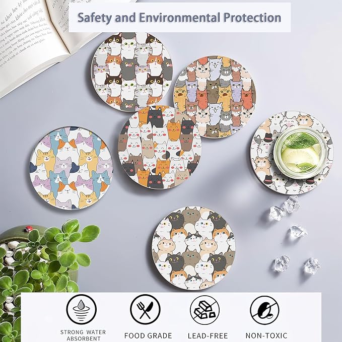 Drink Coasters Set of 6 with Holder, Cute Cats Absorbent Ceramic Coasters with Cork Base,Fit All Cups,Great Gift for Housewarming,Room Decor,Bar,Holiday Party
