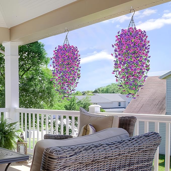 Artificial Fake Hanging Plants Flowers for Spring Outdoor Outside Decor, Faux Mums Silk Realistic Flower, 2 Pcs UV Resistant Look Real Plastic Decorations for Porch Home Patio Balcony Yard