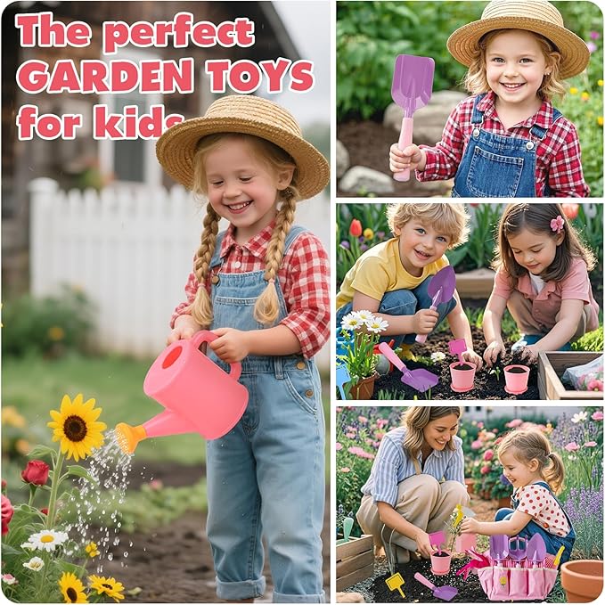 Kids Pink Gardening Tools Set, Garden Toys w/Metal Rake, Shovel, Trowel, Watering Can, Gloves, Tote Bag, Plant pots, DIY Bookmark Kits, Spring Summer Toy Outdoor Gift for Toddler Boy Girl
