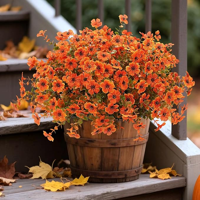 Artificial Mums Fall Fake Flowers for Outdoors, 12 Bundles Faux Mums for Outdoor Planters Autumn Decorations,UV Resistant Silk Flowers Plastic Plants for Front Porch Garden Patio Home Decor (F-Orange)