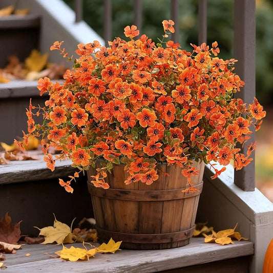 Artificial Mums Fall Fake Flowers for Outdoors, 12 Bundles Faux Mums for Outdoor Planters Autumn Decorations,UV Resistant Silk Flowers Plastic Plants for Front Porch Garden Patio Home Decor (F-Orange)