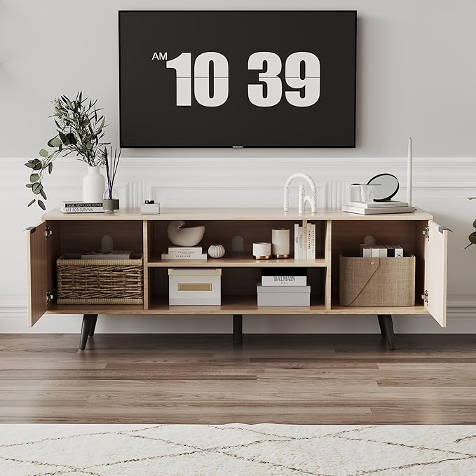 Modern TV Stand with Storage Cabinet, Wood Fashionable TV Cabinet with Waveform Panel and Adjustable Shelf, Entertainment Center TV Stand for TV, Living Room (Cream Yellow Wood Grain)