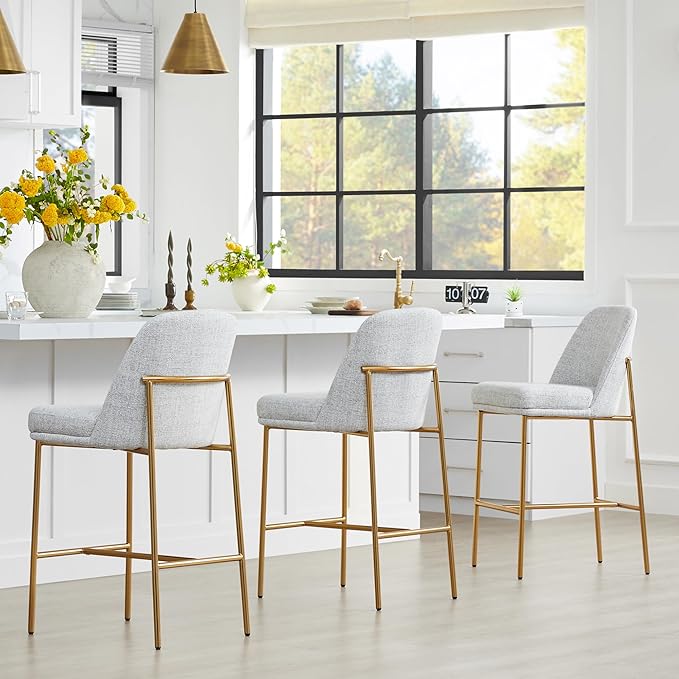 CHITA Counter Height Bar Stools Set of 2, FSC Certified Metal Barstools for Kitchen Island, 27" H Seat Height, Fabric, Light Grey (Multi-Colored)