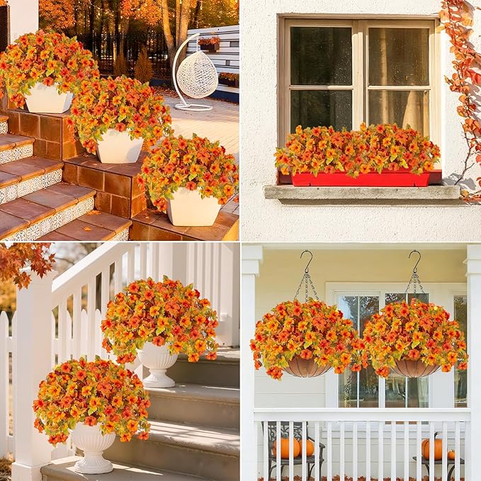 4 Pcs Artificial Fall Fake Flowers Plants for Outdoor Decoration,No Fade Faux Petunias,UV Resistant Realistic Autumn Silk Flowers,for Home Garden Balcony Yard Porch Deco (Orange Yellow)