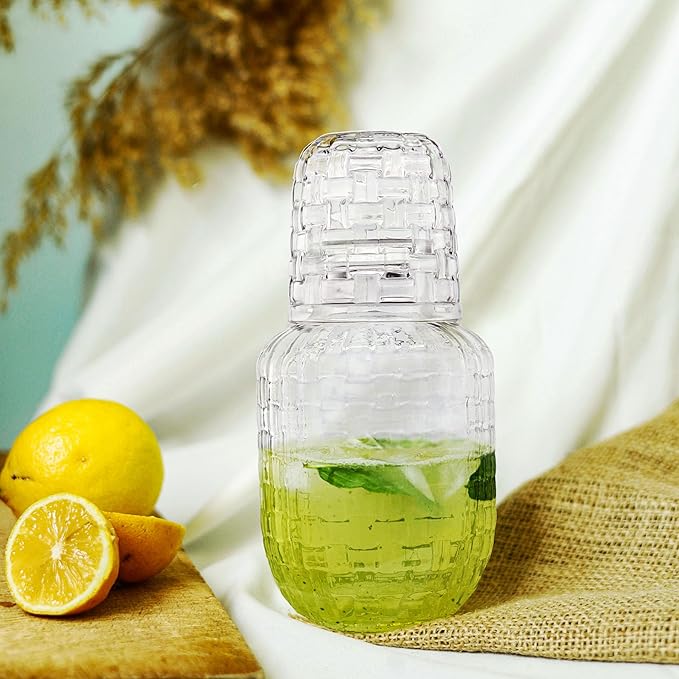 Bedside Water Carafe and Glass Set for Bedroom Nightstand, Bedside, Ticked Glass Mouthwash Decanter for Bathroom, Water Pitcher Set 18.5 oz (Knitted Pattern)