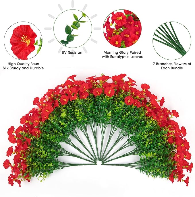 Ouddy Decor 24 Bundles Artificial Flowers for Outdoors Decoration Fake Silk Morning Glory Flowers Faux Eucalyptus Plants UV Resistant for Porch Patio Garden Spring Summer Home Decor, Red