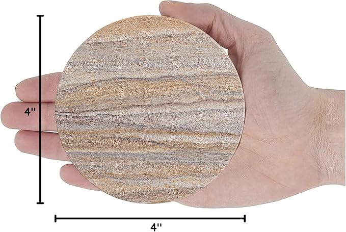Sandstone Water Absorbent Hand Crafted Round Coasters for Drinks - 4 Inches Wide Thirsty Stone Bar/Drink Coasters- Made from Rainbow Sandstone (Set of 4 with Holder)