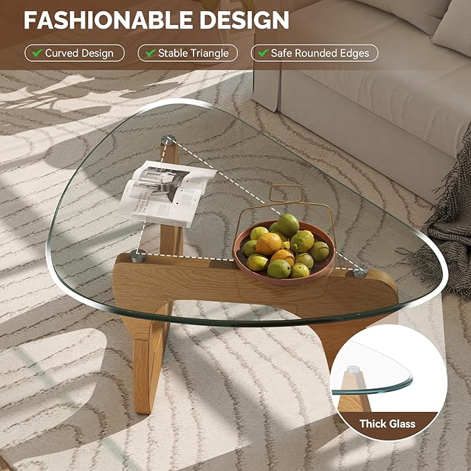 Modern Glass Coffee Table, Triangle Center Table with Tempered Glass Top& Unique Wooden Base, 42.5” Mid Century Tea Tables for Living Room, Apartment, Office,Wood &Transparent