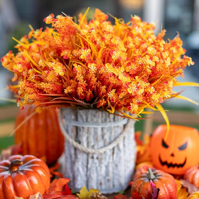 Artificial Fall Flowers Outdoor Fake Mums - 16 Bundles Fake Plants UV Resistant No Fade Faux Plastic Greenery Garden Porch Patio Fall Home Decor (1, OrangeYellow)