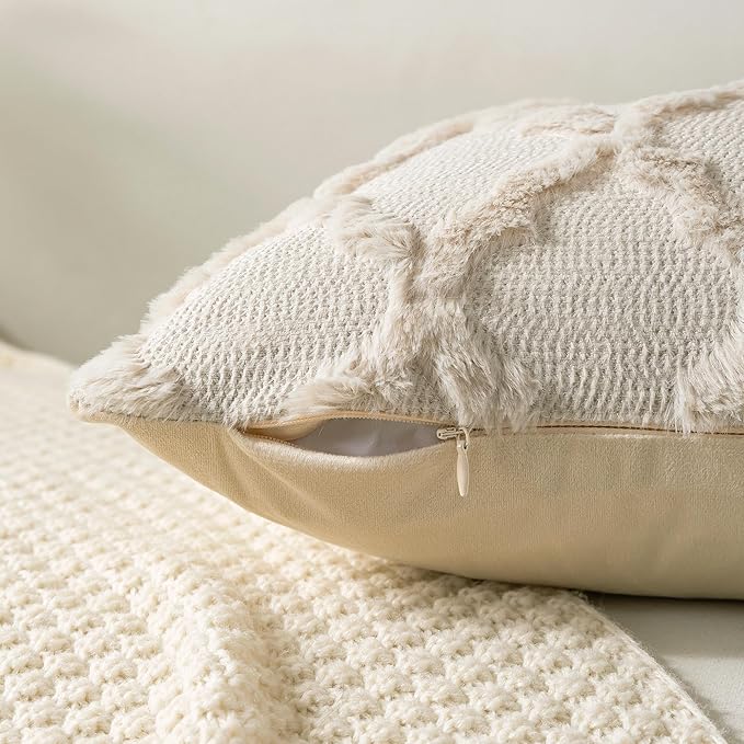 Set of 2 Soft Moroccan Throw Pillow Covers 18x18 Inch Plush Boho Decorative Pillow Cover Accent Cushion Case for Couch Sofa Bed, Beige