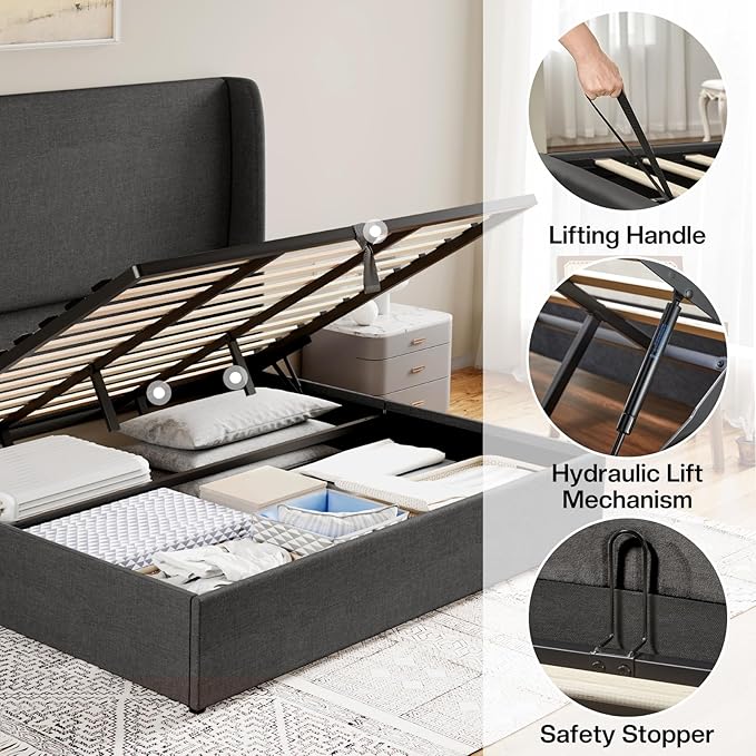 Jocisland King Size Bed Frame Lift Up Storage Bed Upholstered Platform Bed with Wingback Headboard/Hydraulic Storage/No Box Spring Needed/Wood Slats Support/Dark Grey