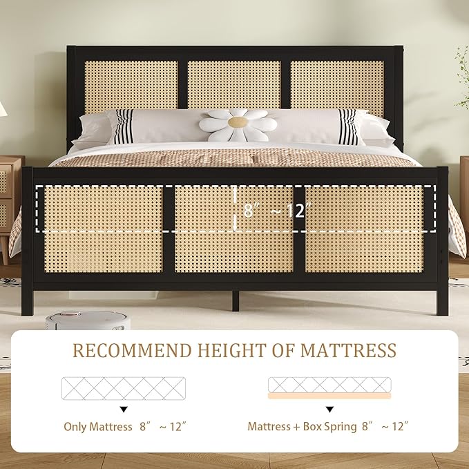 Rattan Bed Frame King, Boho King Bed Frame and Headboard, Metal Platform King Size Bed Frames with Strong Slats Support, No Box Spring Needed, Noise Free, Easy Assembly, Black