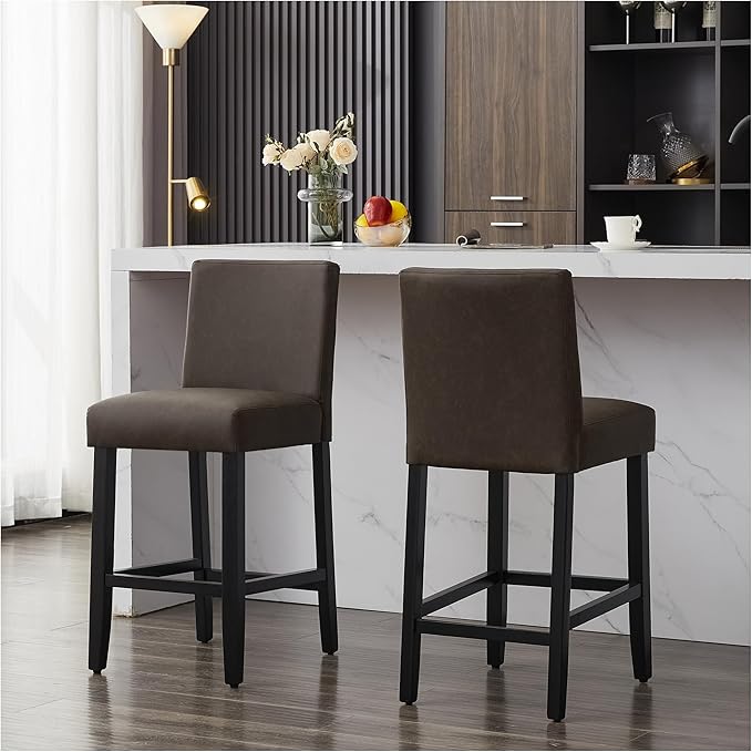 26'' Faux Leather Bar Stools Set of 2, Modern Upholstered Bar Height Bar Chairs, Soild Wood Legs Barstools with Back, Brown