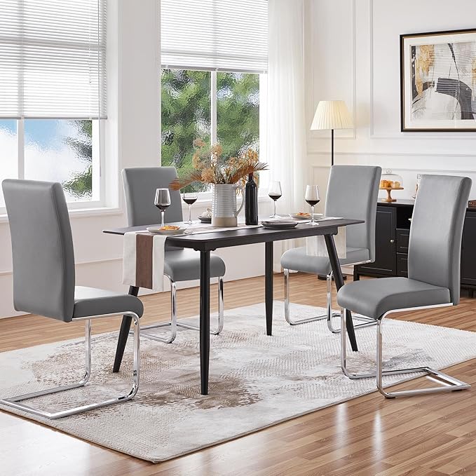 Yaheetech Dining Chairs Set of 6 Modern Faux Leather Upholstered Dining Room Chairs with High Back and Metal Chrome Legs for Kitchen/Living Room/Restaurant, Light Gray
