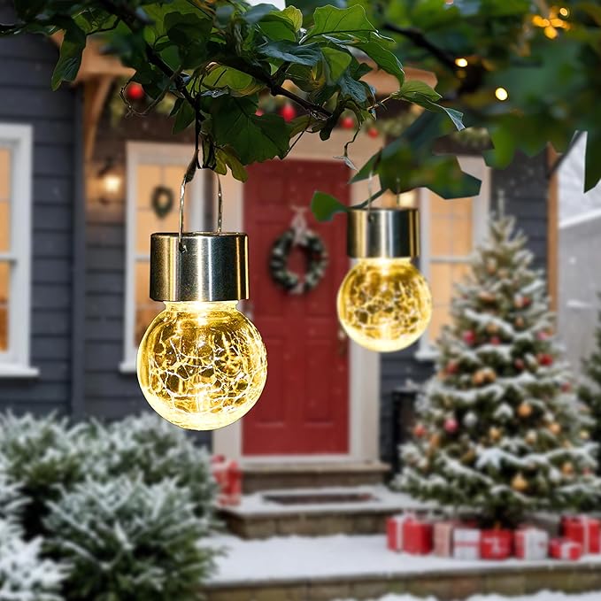 GIGALUMI 8 Pack Solar Outdoor Hanging Lights - Warm White LED, Water Resistant, Glass, Rechargeable Battery