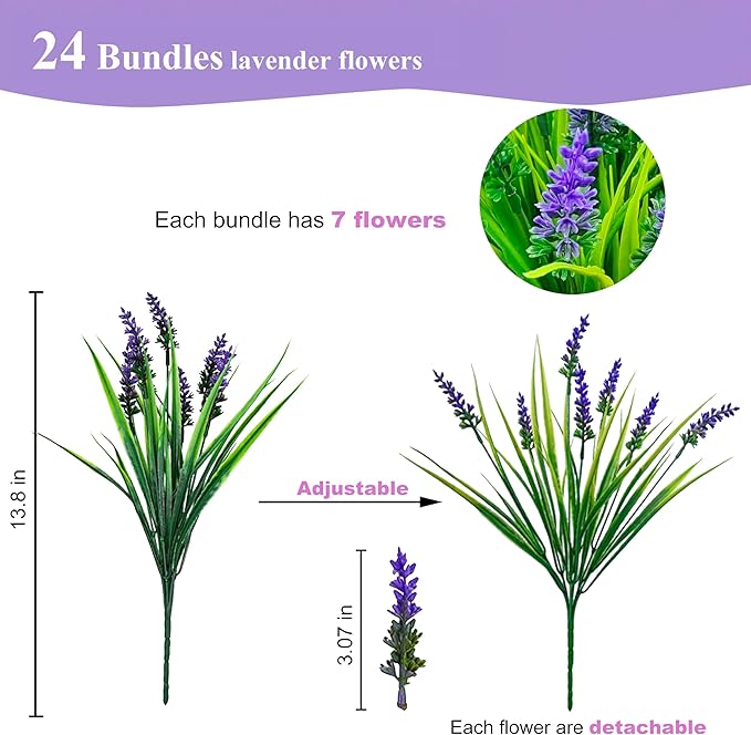 24 Bundles Artificial Lavender Flowers for Outdoors, UV Resistant Faux Plants, Monkey Grass, Fake Plastic Flowers for Porch, Garden, Window Box, Office & Home Decor