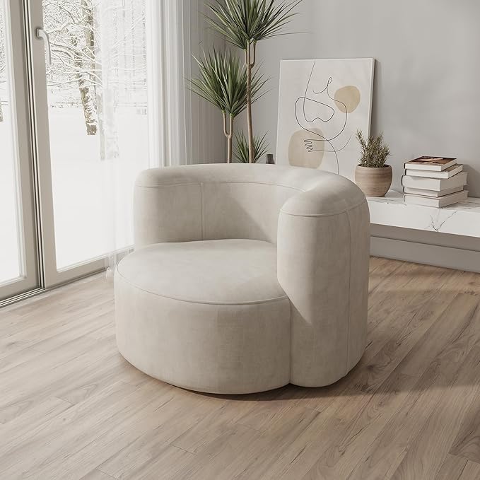 Acanva Luxury Modern Tight Curved Back Velvet Sofa, Minimalist Style Comfy Couch for Living Room Apartment Reception Space, Cream Single Chair