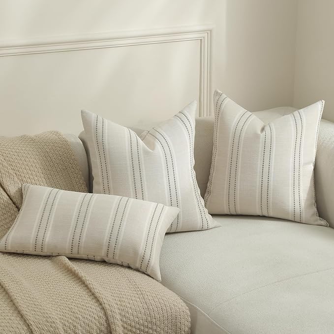 Hckot Decorative Pillow Covers 18x18 Striped Throw Pillows Textured Linen Pillow Covers Farmhouse Decor Cushion Covers for Couch Bed Living Room,Greyish Green
