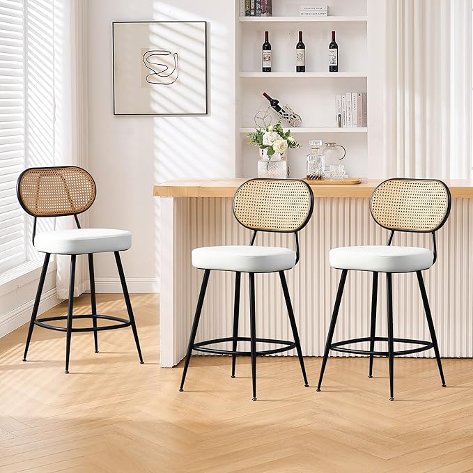 BFZ Bar Stools Set of 3, 26" Counter Height Barstools with Rattan Back and Metal Legs, Upholstered Faux Leather Bar Chairs for Kitchen Island, Home Bar, Beige