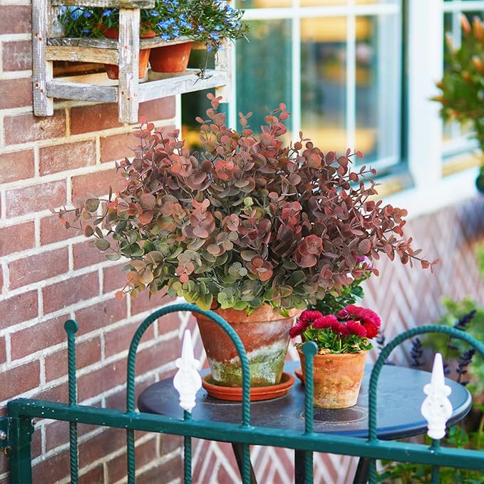 RECUTMS 8 Bundles Artificial Greenery Plants Stems Outdoor Fake Eucalyptus Plants Boxwood Bushes for Farmhouse Bathroom Office Vase Centerpiece Indoor Outdoor Decoration(Dusty Red)