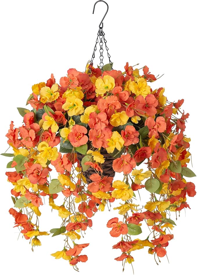 Artificial Fake Fall Hanging Flowers Plants Baskets for Outdoor Decoration, 5Pcs Faux Silk Hibiscus Long Vines in Planter Look Real for Outside Home Porch Patio Garden (YellowOrange)